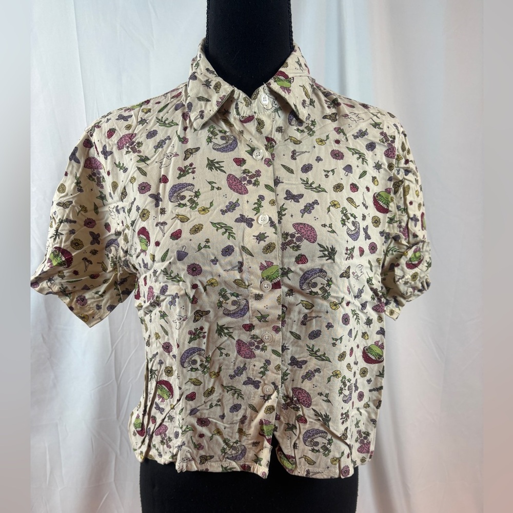 Hot Topic Cream Blouse with Purple and Green Mushroom Woodland Floral Print